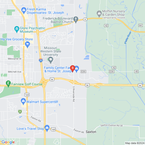 Nodaway Valley Bank location map: 1302 S Riverside Rd, St Joseph, MO